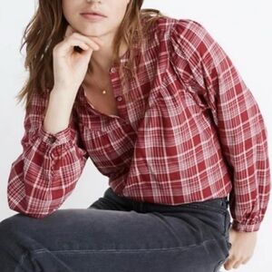 Madewell women’s red & white plaid button blouse shirt top size small 4 6